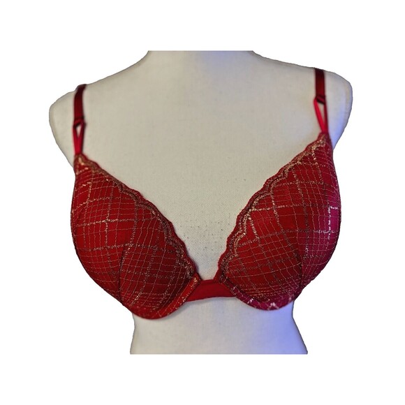 Victoria's Secret red plaid w/sparkly gold accent push up bra size 38C pre-loved - Picture 2 of 9
